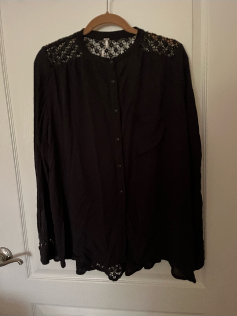 Free People Black Lace Yoke Button-Front Blouse